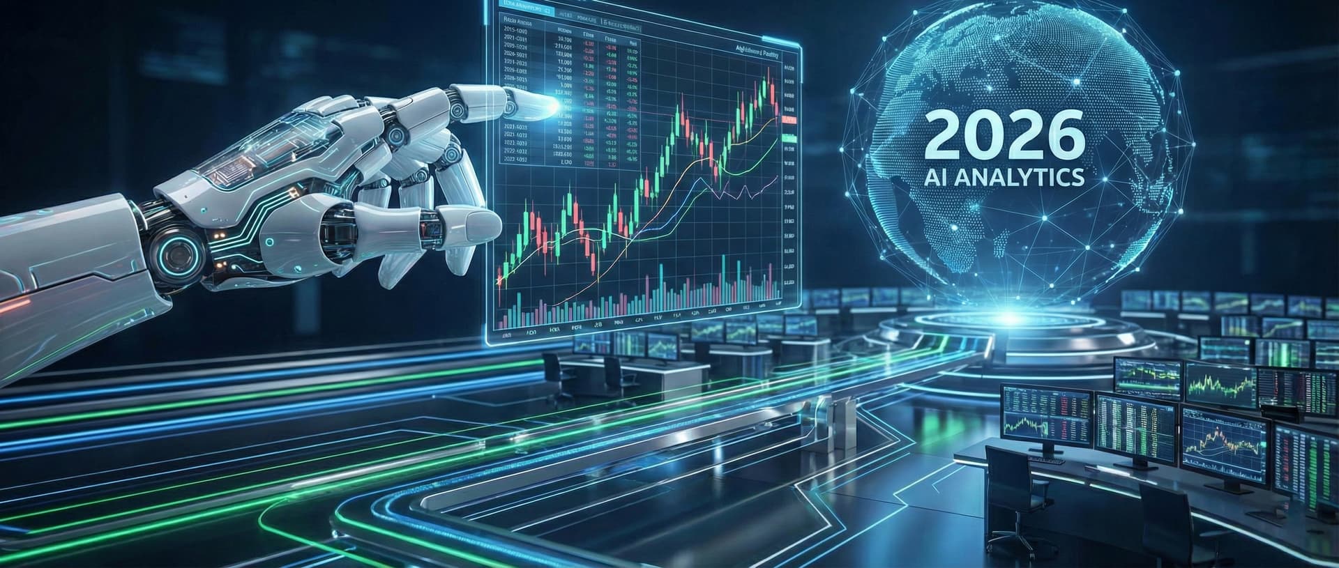 AI neural network overlaid on financial charts representing AI-driven financial decision-making in 2026